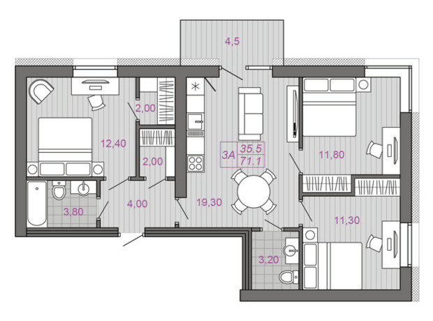 ЖК Семейная Крепость. Гордость: планировка 3-комнатной квартиры 71.25 м²