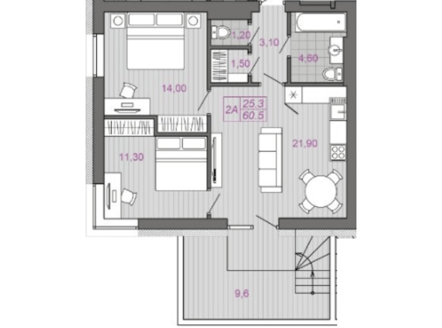 ЖК Семейная Крепость. Гордость: планировка 3-комнатной квартиры 57.6 м²