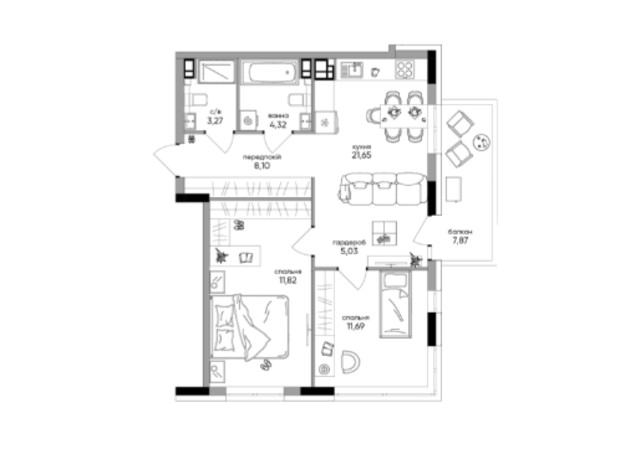 МФК Olegivskiy: планировка 2-комнатной квартиры 67.71 м² МФК Olegivskiy: планировка 2-комнатной квартиры 67.71 м²