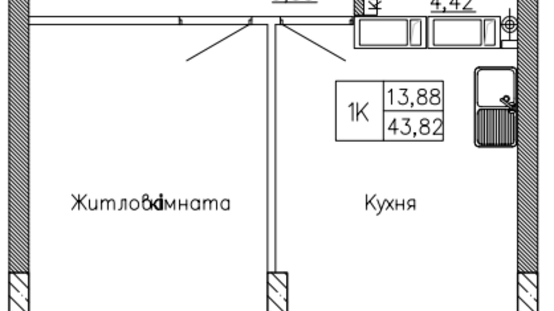 Планування 1-кімнатної квартири в ЖК Святобор 46.49 м², фото 450976