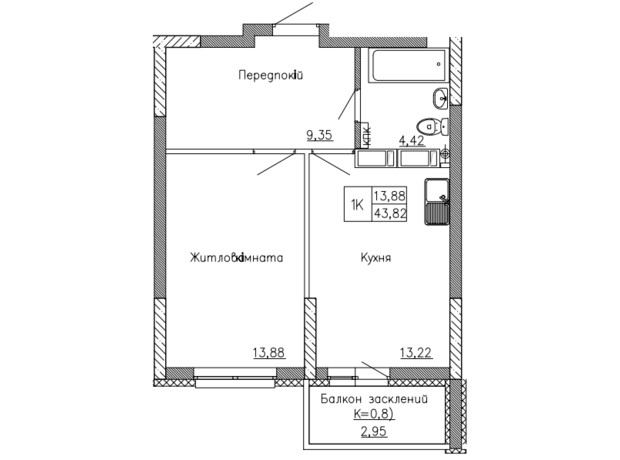 ЖК Святобор: планировка 1-комнатной квартиры 46.49 м²