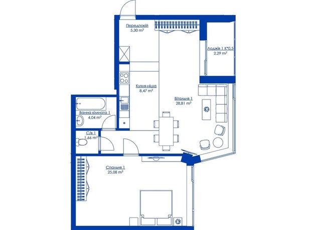 Жилой район Rybalsky: планировка 2-комнатной квартиры 75.6 м²