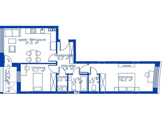 Жилой район Rybalsky: планировка 2-комнатной квартиры 69.8 м²