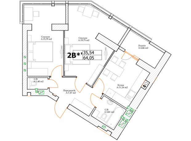 ЖК Green Life 3: планировка 2-комнатной квартиры 64 м²