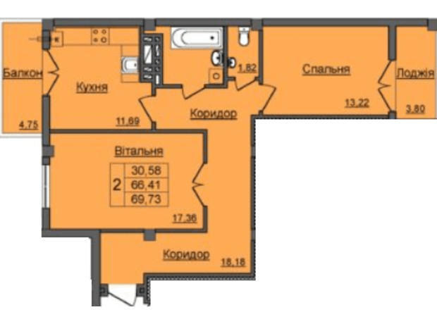 ЖК Хмельницький: планування 2-кімнатної квартири 71.9 м²