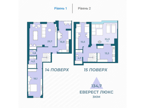 ЖК Kyiv Sky: планировка 3-комнатной квартиры 134.7 м²