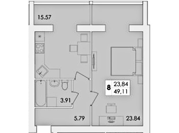 ЖК Green Village: планировка 1-комнатной квартиры 49 м²