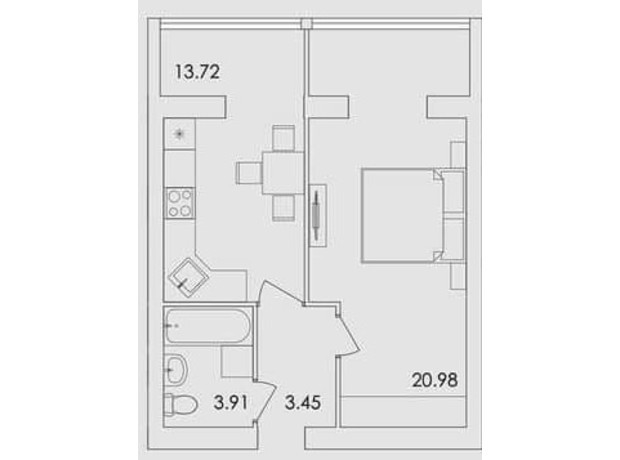 ЖК Green Village: планування 1-кімнатної квартири 42.06 м²