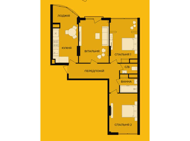 ЖК Lystopad: планировка 3-комнатной квартиры 88.12 м²