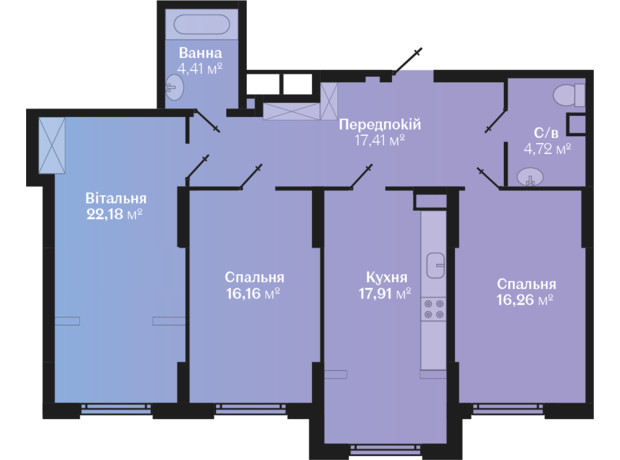 ЖК Sonata: планування 3-кімнатної квартири 98.18 м²