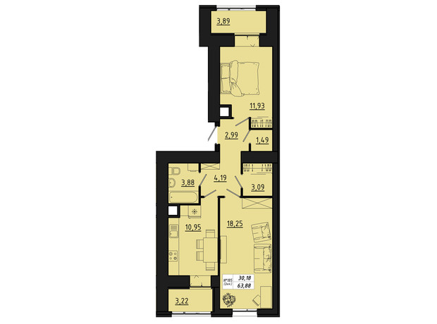 ЖК Freedom: планировка 2-комнатной квартиры 63.88 м²
