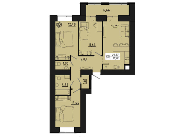 ЖК Freedom: планировка 3-комнатной квартиры 78.18 м²