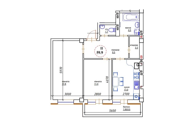 ЖК ЯнівБуд: планування 2-кімнатної квартири 59.9 м²