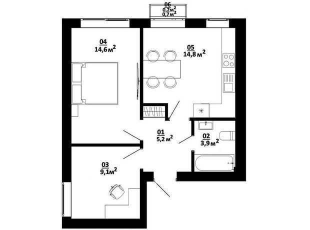 ЖК Білий Шоколад Center: планування 2-кімнатної квартири 47.8 м²