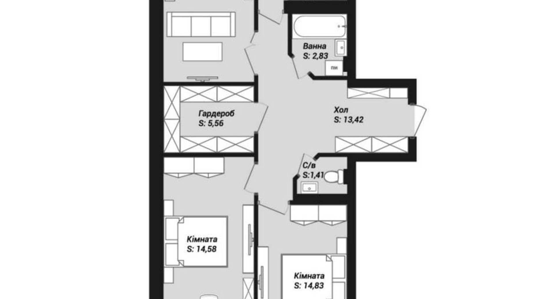 Планировка 3-комнатной квартиры в ЖК Sweet Perlyna 77.84 м², фото 454911