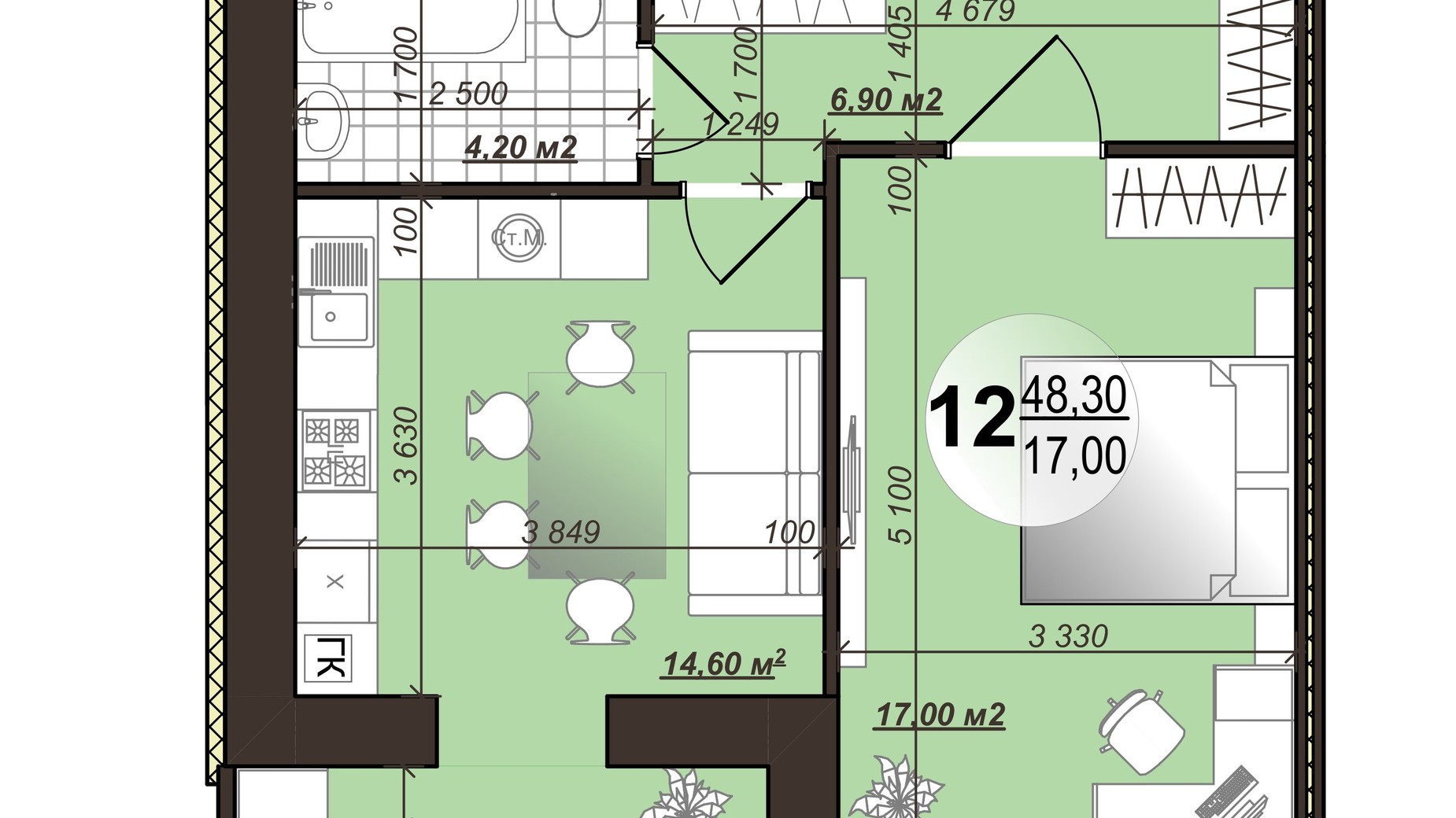 Планировка 1-комнатной квартиры в ЖК Добробуд 48.3 м², фото 455012