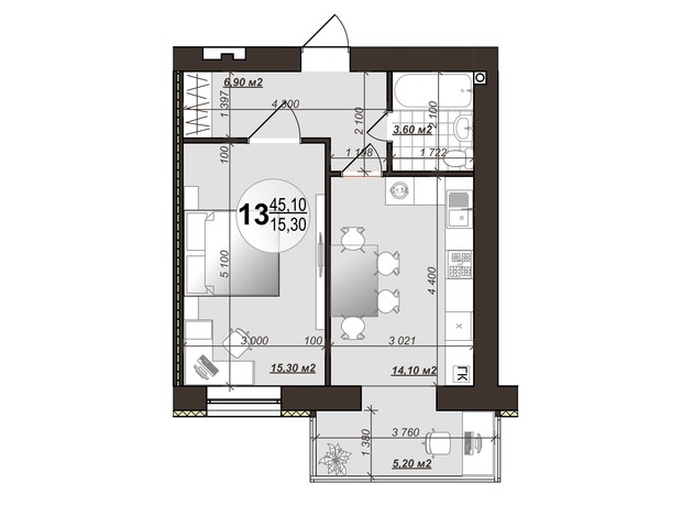 ЖК Добробуд: планировка 1-комнатной квартиры 45.1 м² ЖК Добробуд: планировка 1-комнатной квартиры 45.1 м²