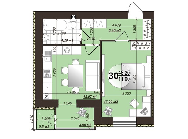 ЖК Добробуд: планировка 1-комнатной квартиры 46.2 м² ЖК Добробуд: планировка 1-комнатной квартиры 46.2 м²