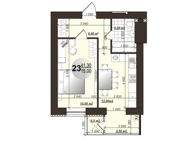 ЖК Добробуд: планировка 1-комнатной квартиры 41.3 м² ЖК Добробуд: планировка 1-комнатной квартиры 41.3 м²