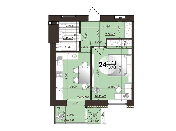 ЖК Добробуд: планировка 1-комнатной квартиры 44.1 м² ЖК Добробуд: планировка 1-комнатной квартиры 44.1 м²