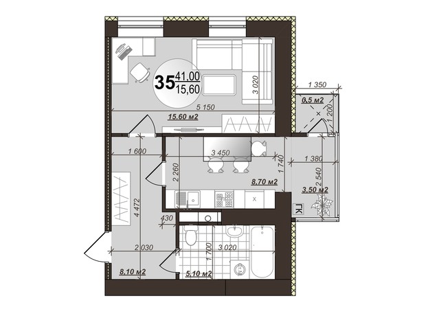ЖК Добробуд: планировка 1-комнатной квартиры 41 м² ЖК Добробуд: планировка 1-комнатной квартиры 41 м²