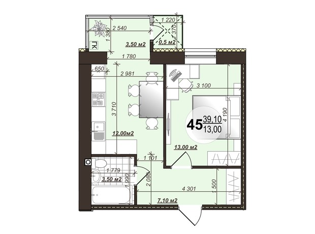 ЖК Добробуд: планировка 1-комнатной квартиры 39.1 м² ЖК Добробуд: планировка 1-комнатной квартиры 39.1 м²