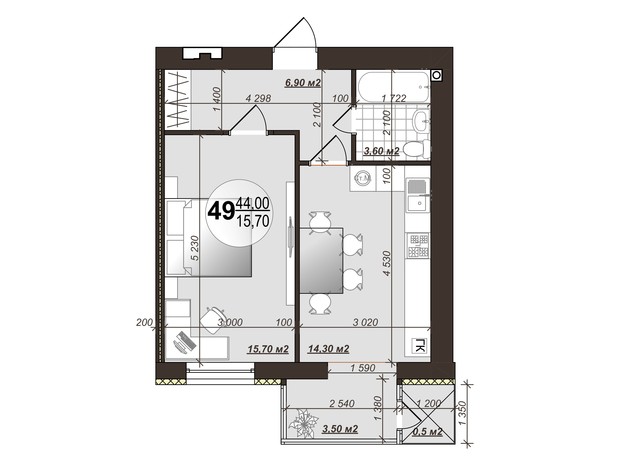 ЖК Добробуд: планировка 1-комнатной квартиры 44 м²