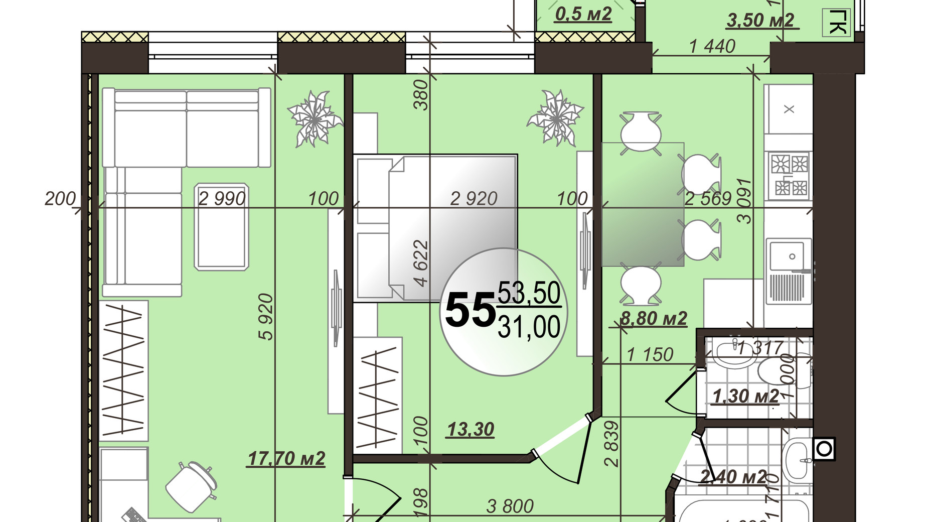 Планировка 2-комнатной квартиры в ЖК Добробуд 53.5 м², фото 455124