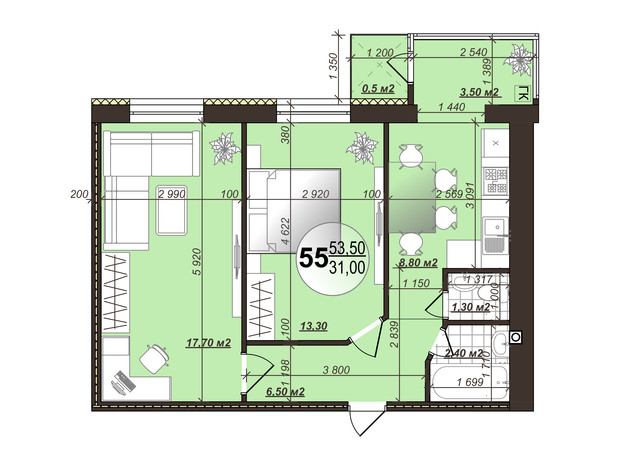 ЖК Добробуд: планировка 2-комнатной квартиры 53.5 м²