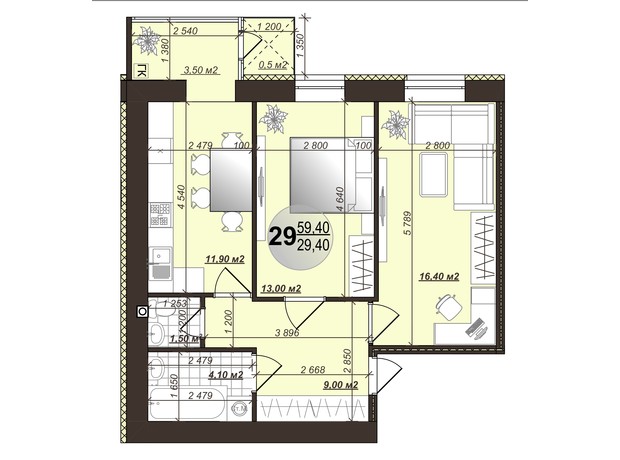 ЖК Добробуд: планировка 2-комнатной квартиры 59.4 м² ЖК Добробуд: планировка 2-комнатной квартиры 59.4 м²
