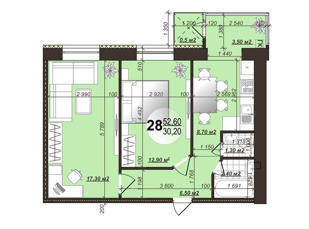 ЖК Добробуд: планировка 2-комнатной квартиры 52.6 м² ЖК Добробуд: планировка 2-комнатной квартиры 52.6 м²