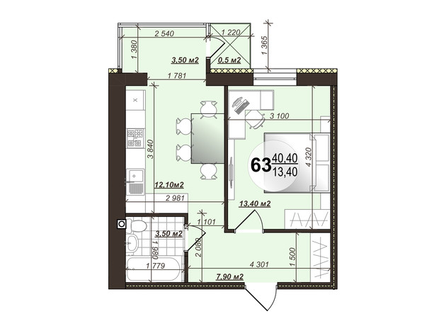 ЖК Добробуд: планировка 1-комнатной квартиры 40.4 м²