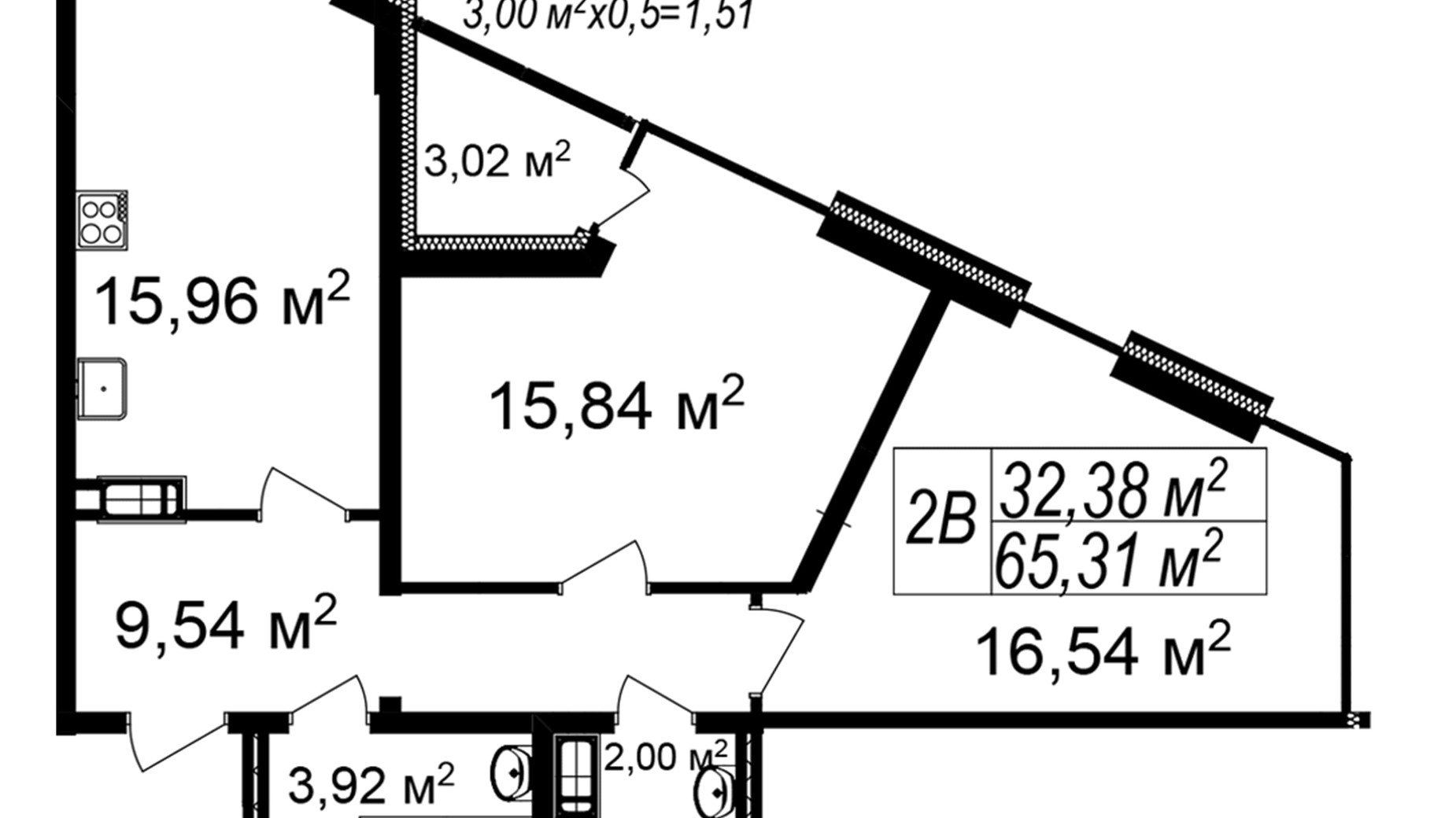 Планировка 2-комнатной квартиры в ЖК Щасливий Platinum 65.5 м², фото 455213