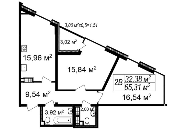 ЖК Щасливий Platinum: планування 2-кімнатної квартири 65.5 м²