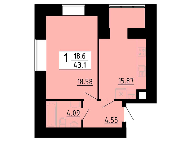 ЖК Кольоровий: планировка 1-комнатной квартиры 43.1 м²