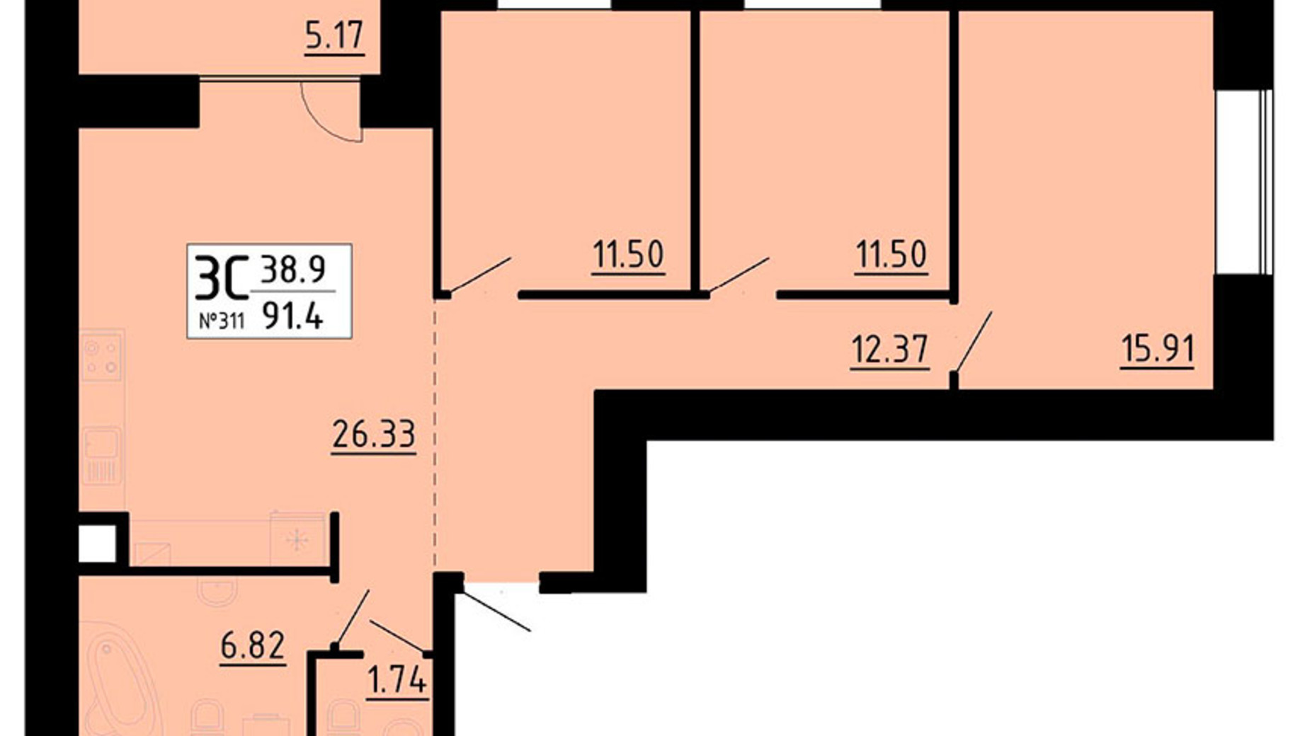 Планировка 3-комнатной квартиры в ЖК Кольоровий 91.4 м², фото 456182