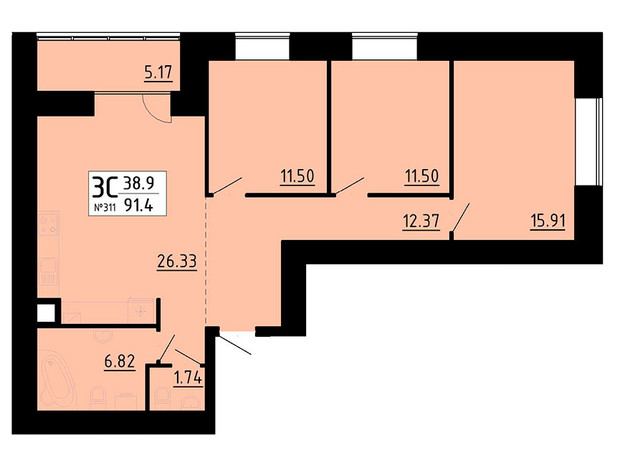 ЖК Кольоровий: планировка 3-комнатной квартиры 91.4 м²