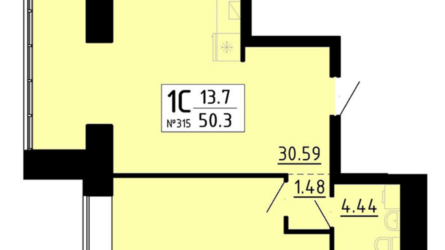 Планировка 1-комнатной квартиры в ЖК Кольоровий 50.3 м², фото 456185