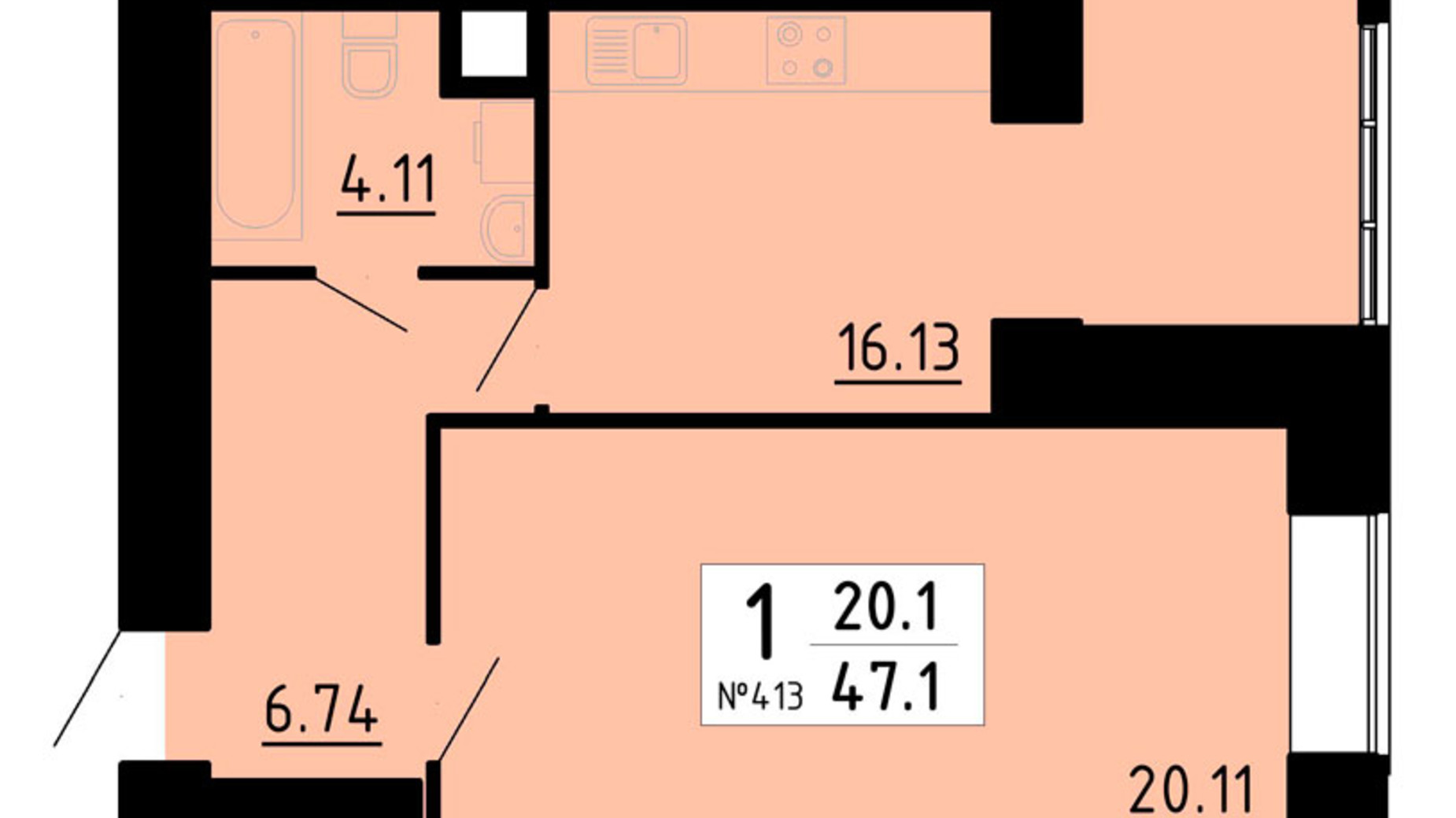 Планировка 1-комнатной квартиры в ЖК Кольоровий 47.1 м², фото 456188