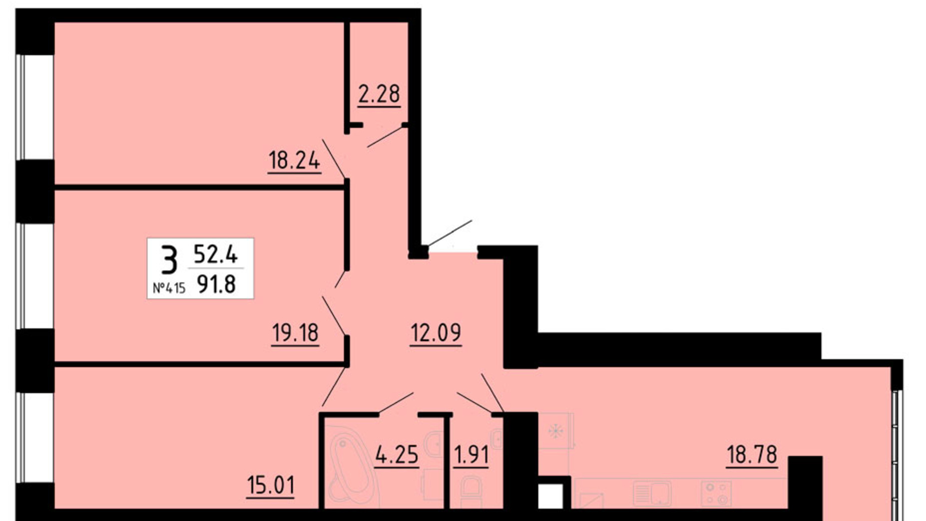 Планировка 3-комнатной квартиры в ЖК Кольоровий 91.8 м², фото 456202