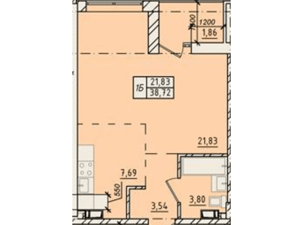 ЖК Сіті Парк: планування 1-кімнатної квартири 38.72 м²