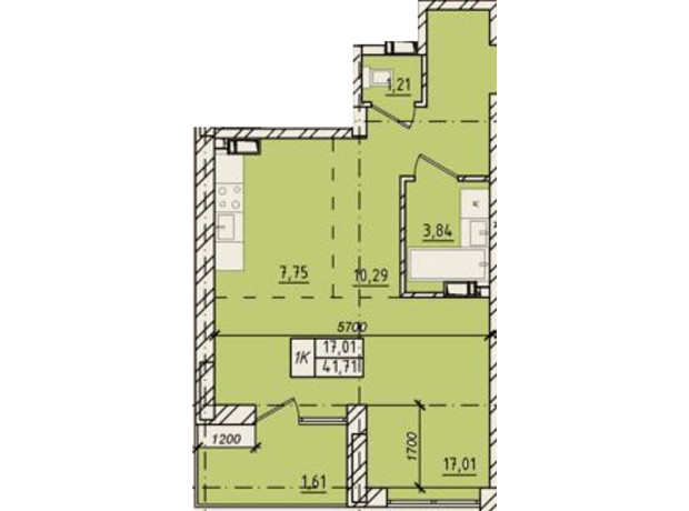 ЖК Сити Парк: планировка 1-комнатной квартиры 41.71 м²