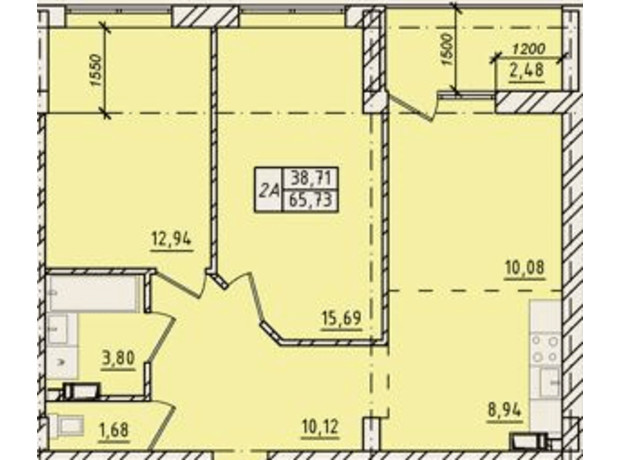 ЖК Сити Парк: планировка 2-комнатной квартиры 65.73 м²