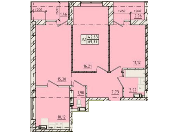 ЖК Сіті Парк: планування 3-кімнатної квартири 69.87 м²