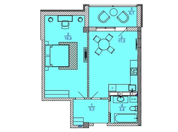 Клубний будинок Barkey: планування 1-кімнатної квартири 51.2 м²
