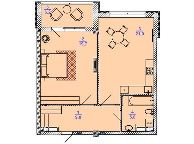 Клубний будинок Barkey: планування 1-кімнатної квартири 60.9 м²