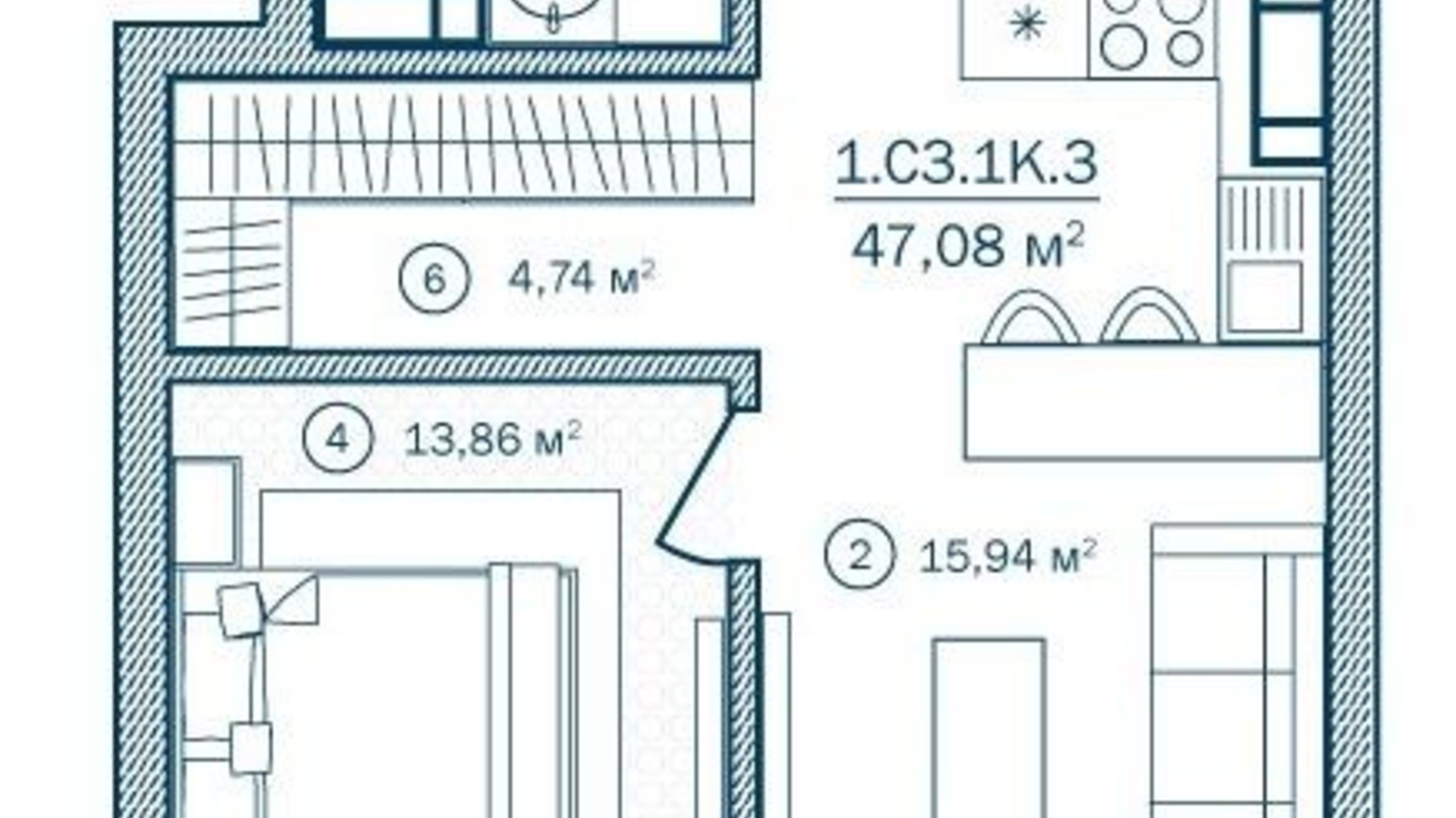 Планування 1-кімнатної квартири в ЖК Rusaniv Residence 47.07 м², фото 460010