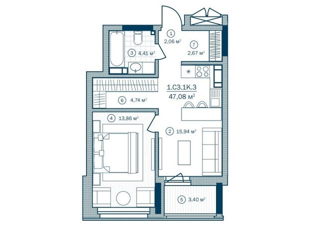 ЖК Rusaniv Residence: планировка 1-комнатной квартиры 47.07 м²