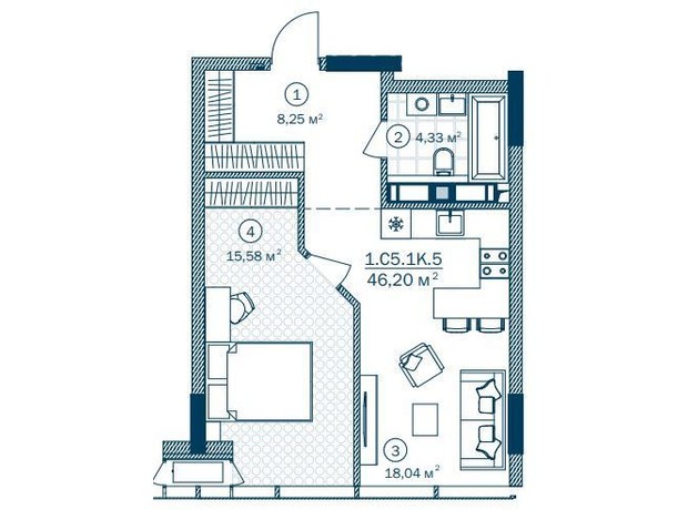 ЖК Rusaniv Residence: планування 1-кімнатної квартири 47.42 м²