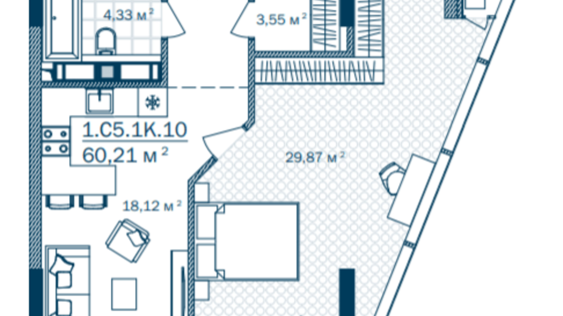 Планировка 1-комнатной квартиры в ЖК Rusaniv Residence 60.21 м², фото 460012